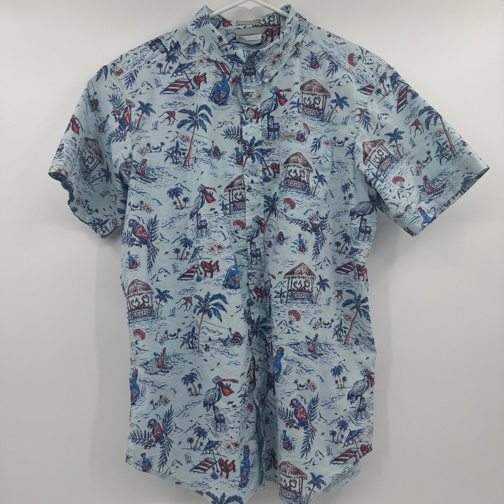 Columbia Shirt Men Small Blue Hawaiian Tropical Button Up Short Sleeves Beach
